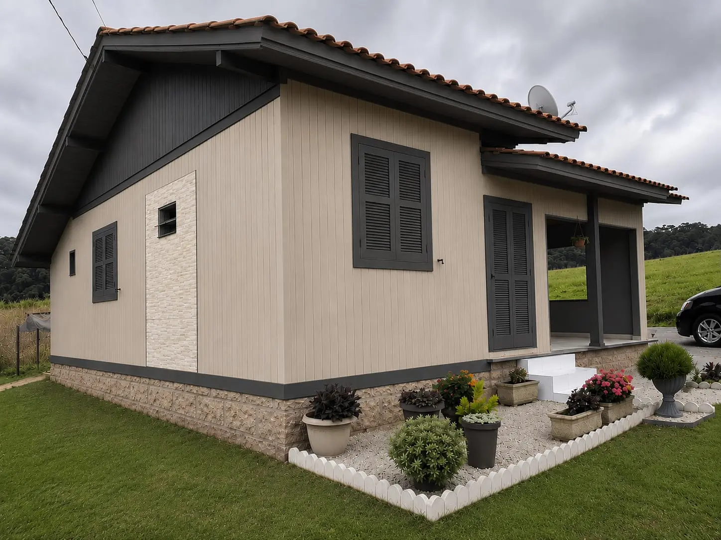 Residência com pintura externa em tons neutros